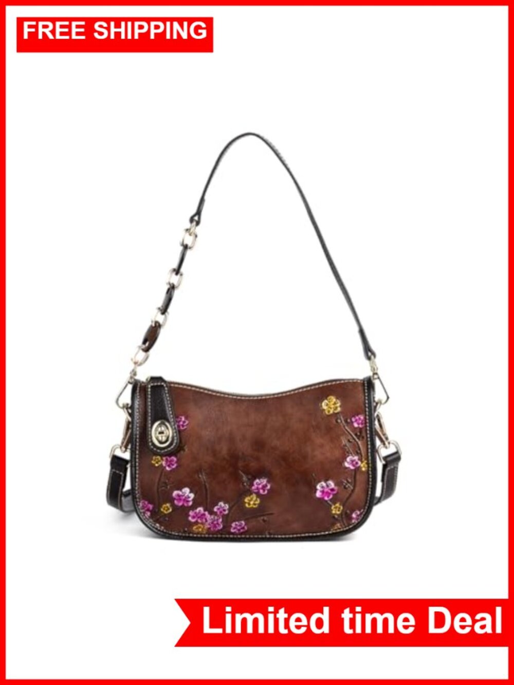 Genuine Leather Shoulder Bag Women Vintage Cowhide Crossbody Purse Flower